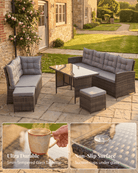 Outdoor patio furniture set in a garden courtyard, featuring a wicker-style sectional sofa, two stools and a rectangular dining table with a tempered glass top