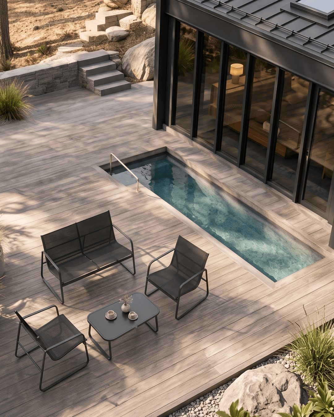 Modern black metal outdoor lounge set with a spacious double sofa, two garden chairs, and a coffee table
