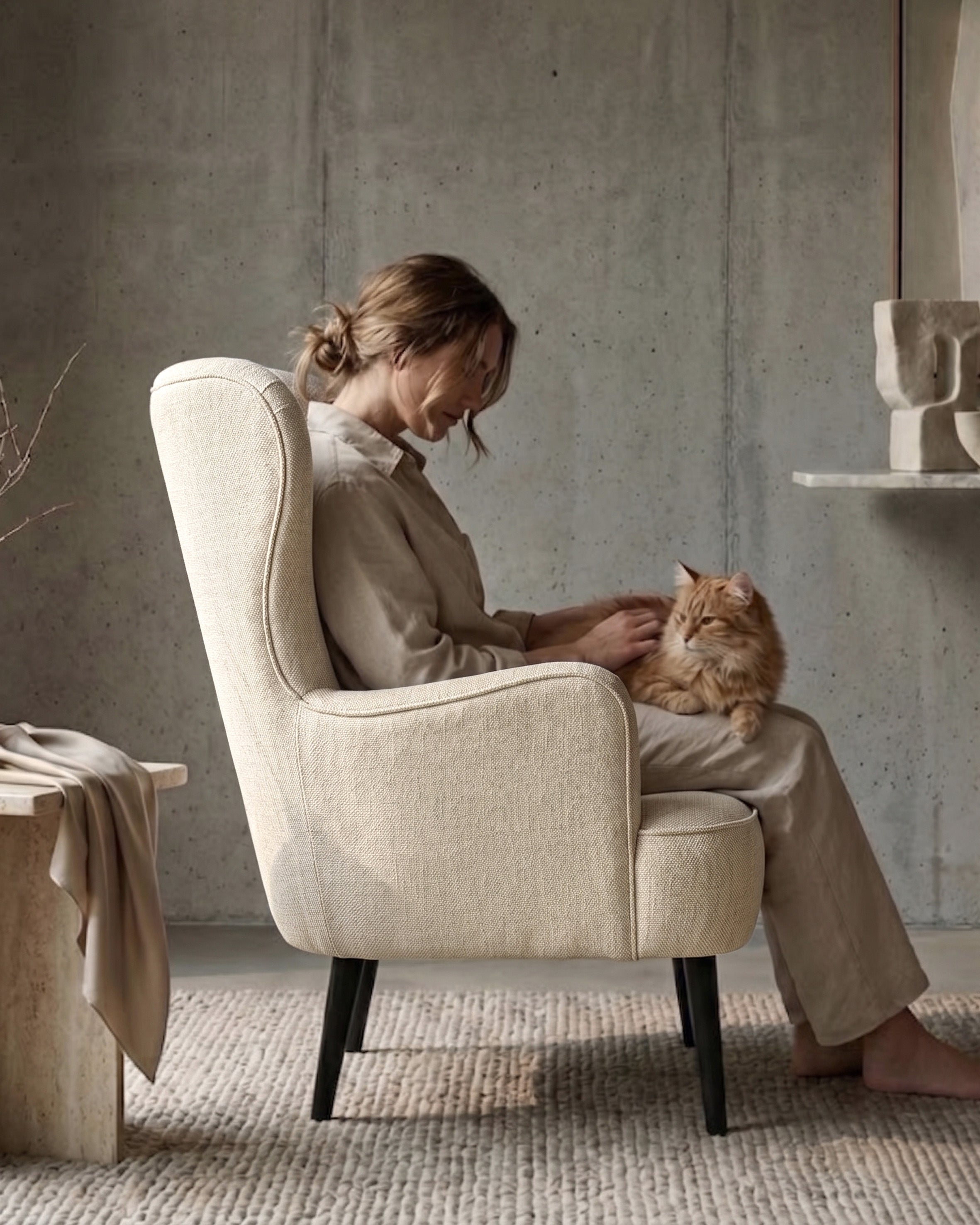 Woman sitting in a luxury cream lounge chair wingback with a cat on her lap in a cosy room