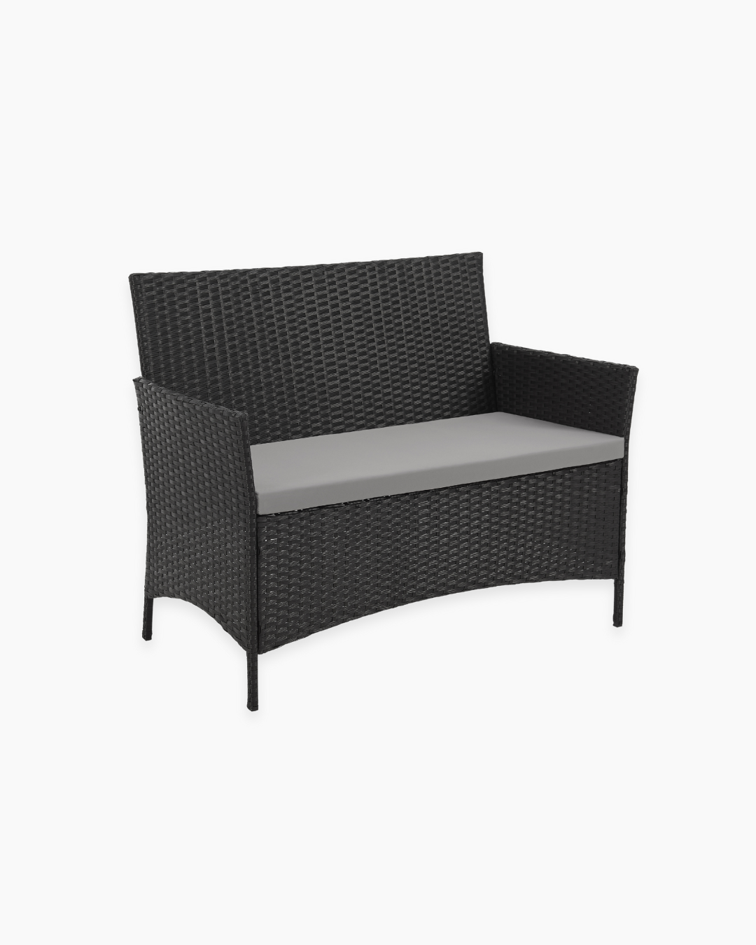 Black rattan outdoor sofa for two with grey cushion