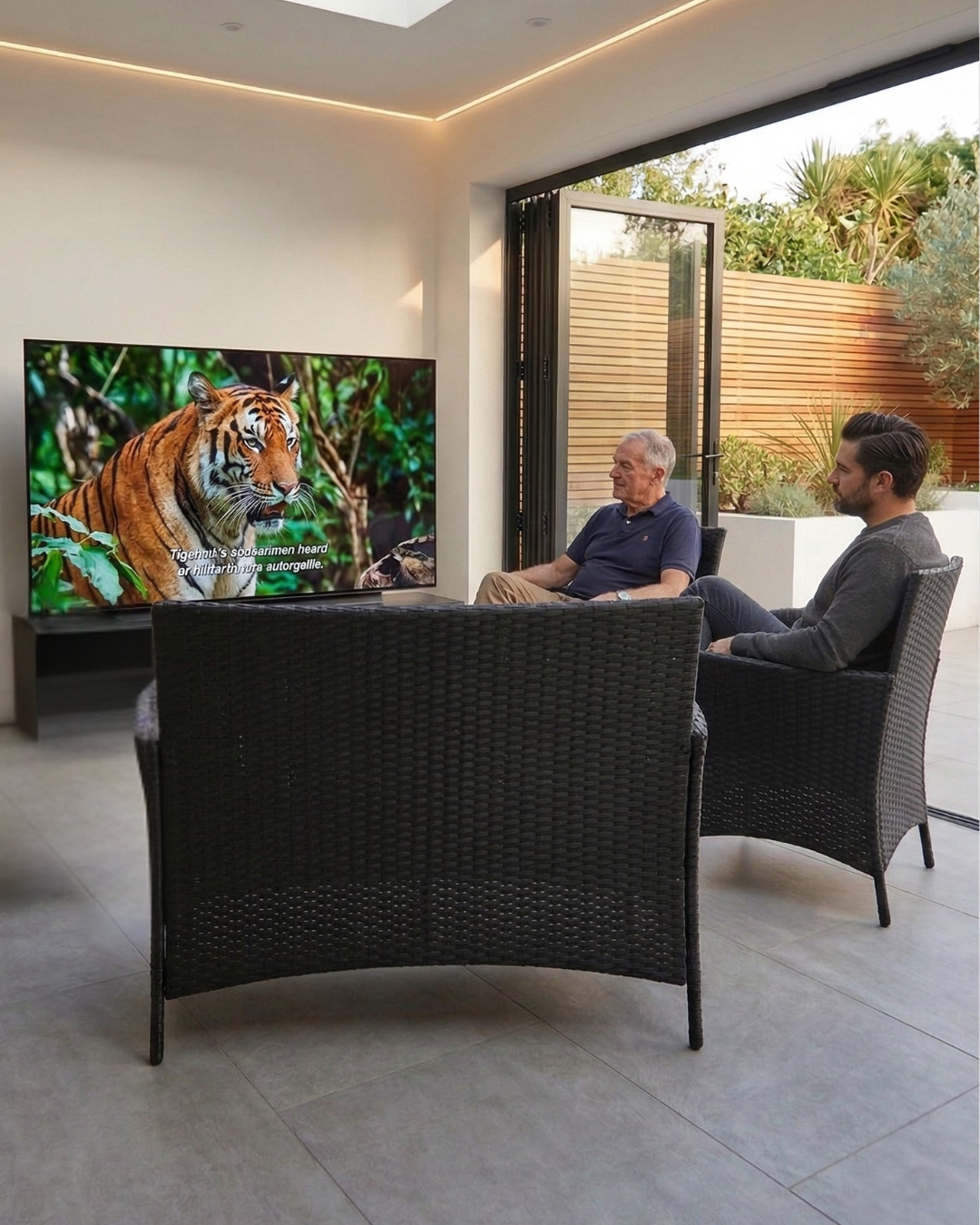 Men sitting on black rattan furniture watching television in the conservatory