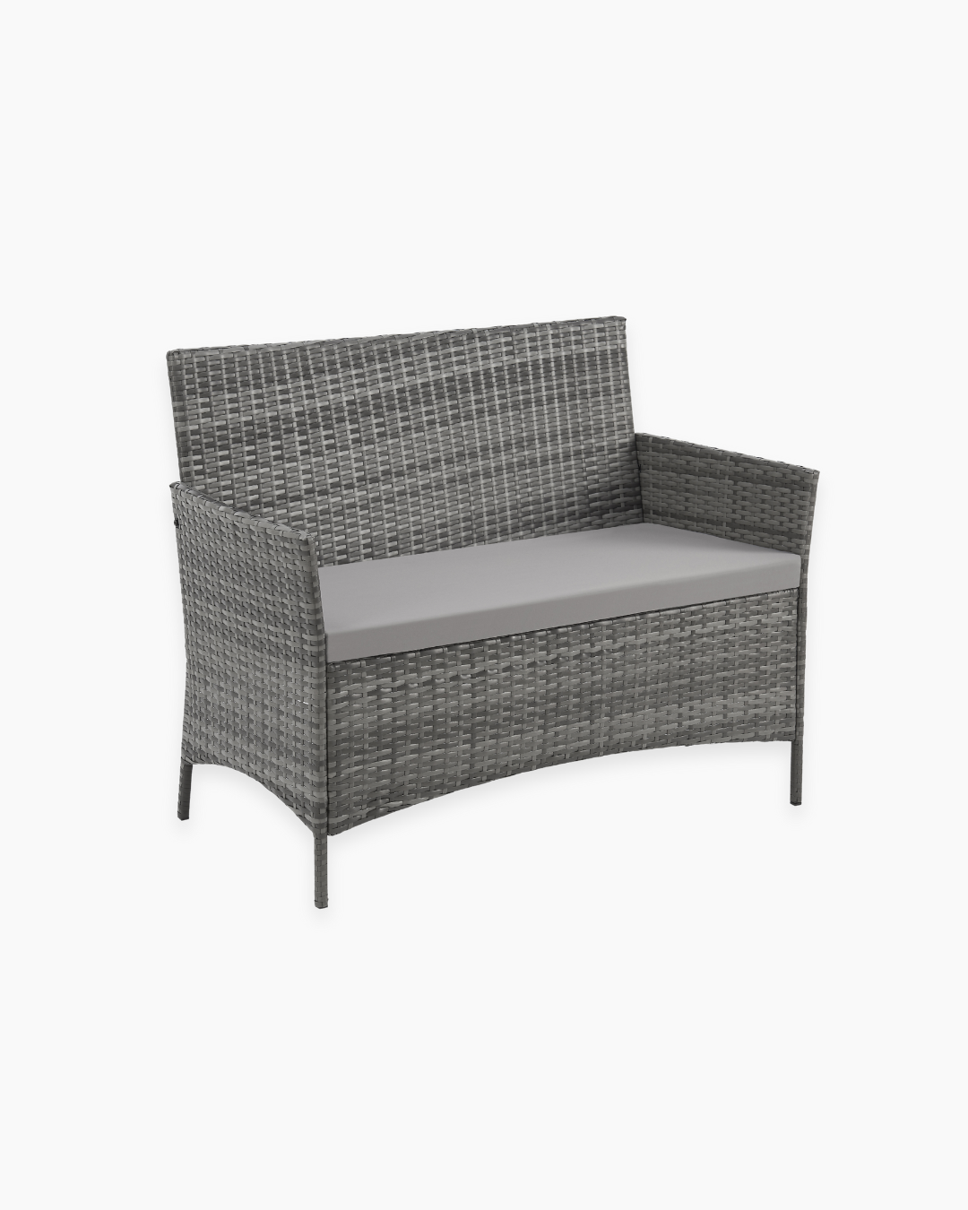 grey rattan garden sofa with soft grey cushion for two