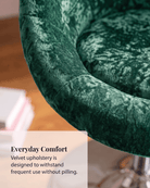 Close-up of a dark green velvet upholstered chair
