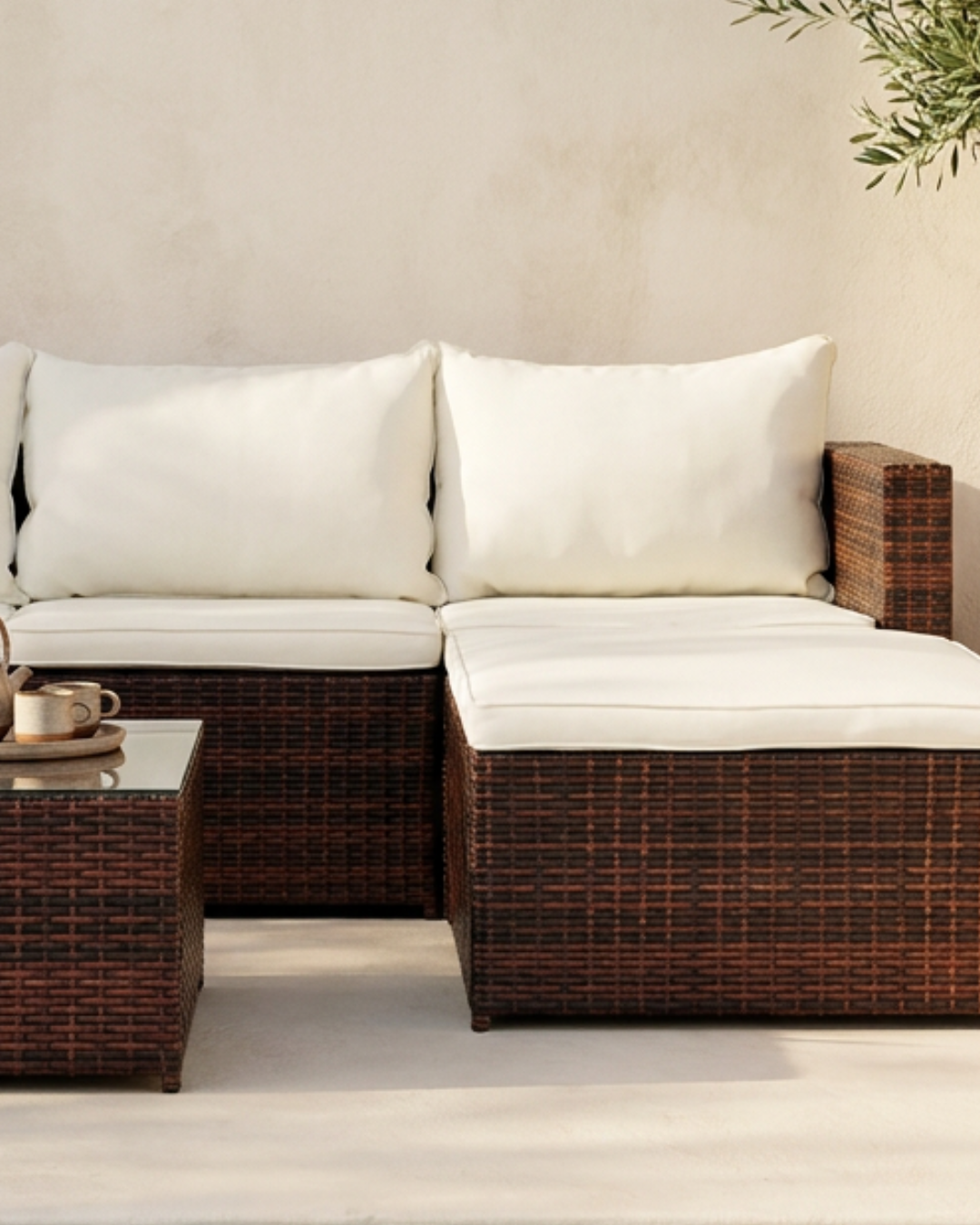 brown rattan coffee set with cream cushions