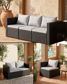 Black rattan outdoor sofa in different modular configurations