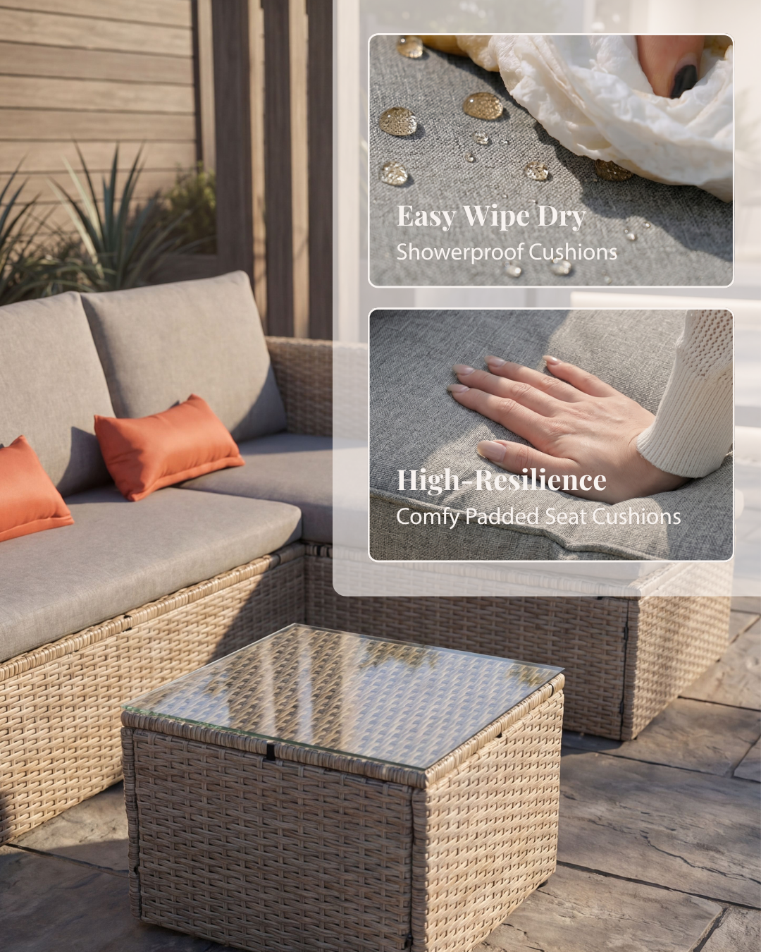 Close-up of Malibu garden furniture highlighting textured rattan weave and cushioned fabric