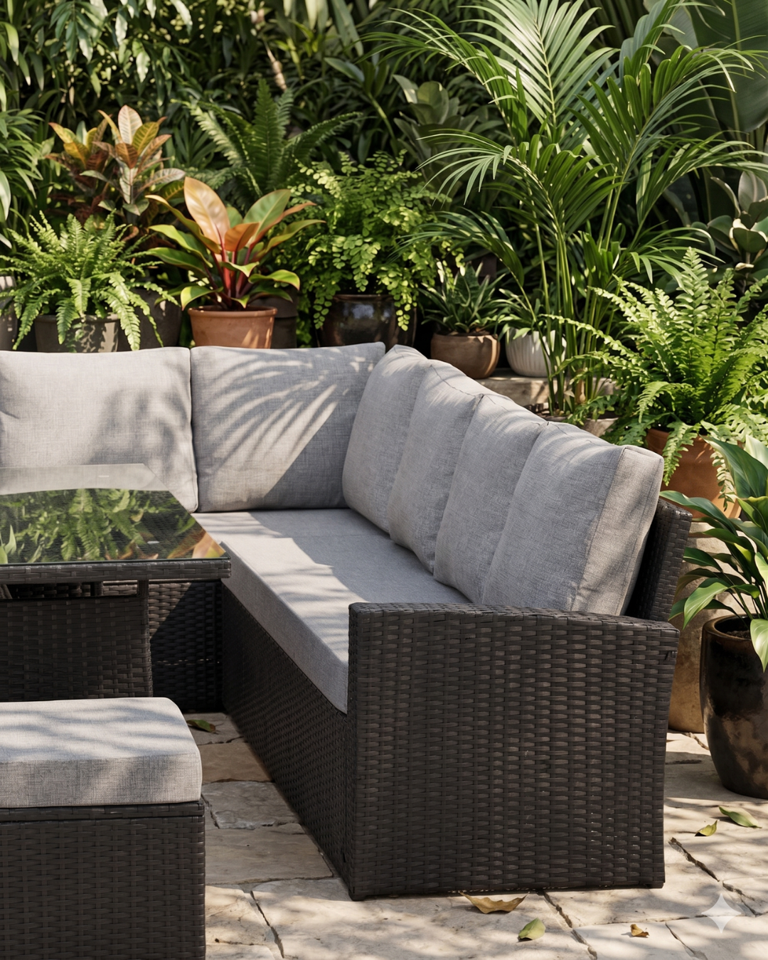 black rattan corner sofa with grey cushions in a garden setting
