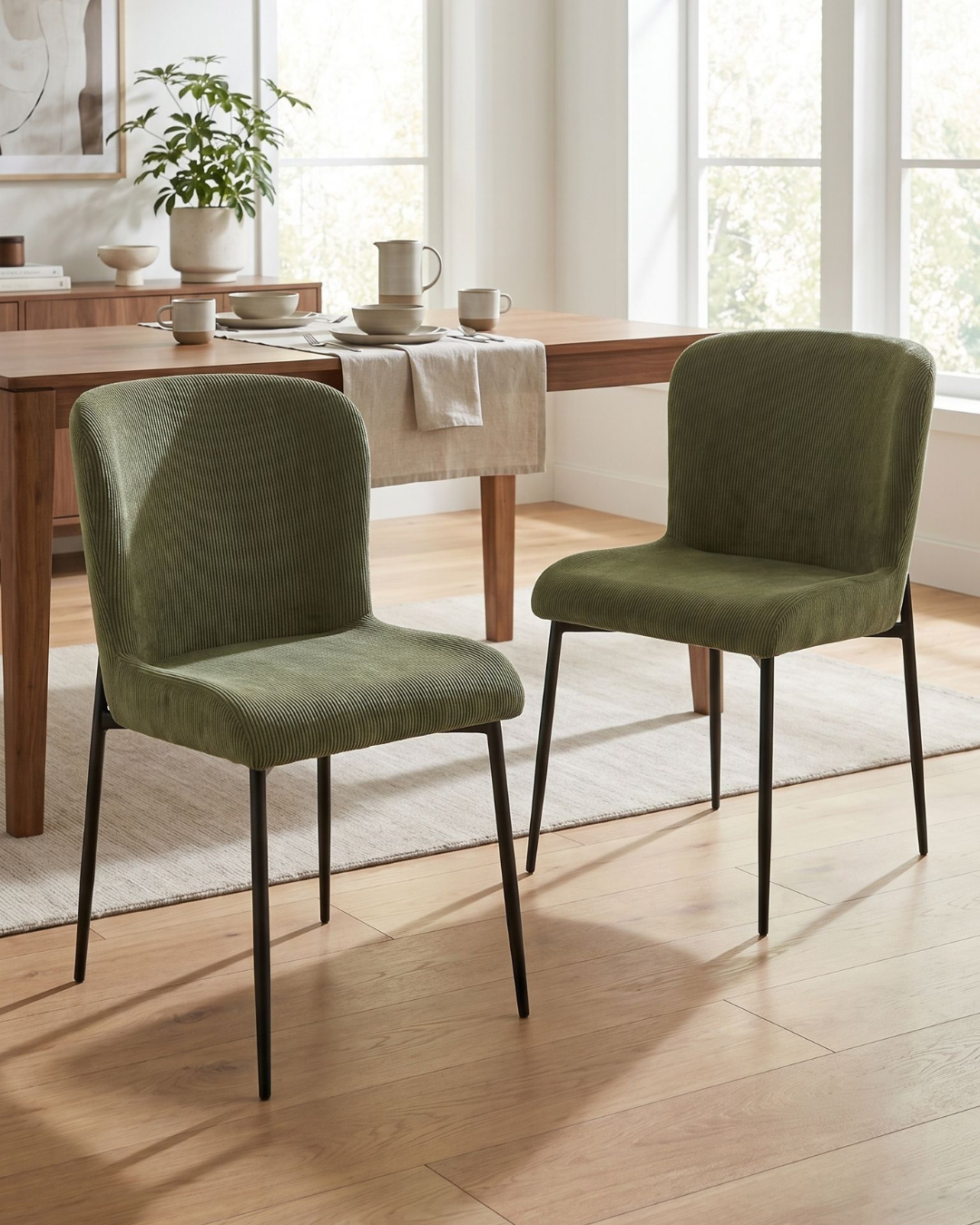 Two green plush upholstered dining chairs in a stylish modern dining room with a sleek table and natural lighting