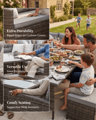 Outdoor patio dining scene with a family seated around a table on woven wicker patio furniture with light grey cushions with piped edges