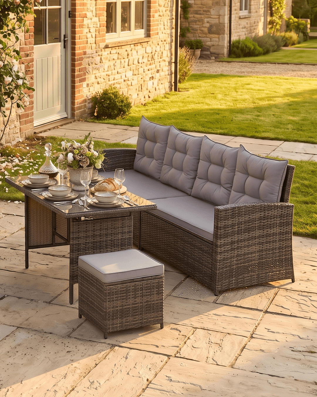 Outdoor patio furniture set in a garden courtyard, featuring a brown rattan sofa with table