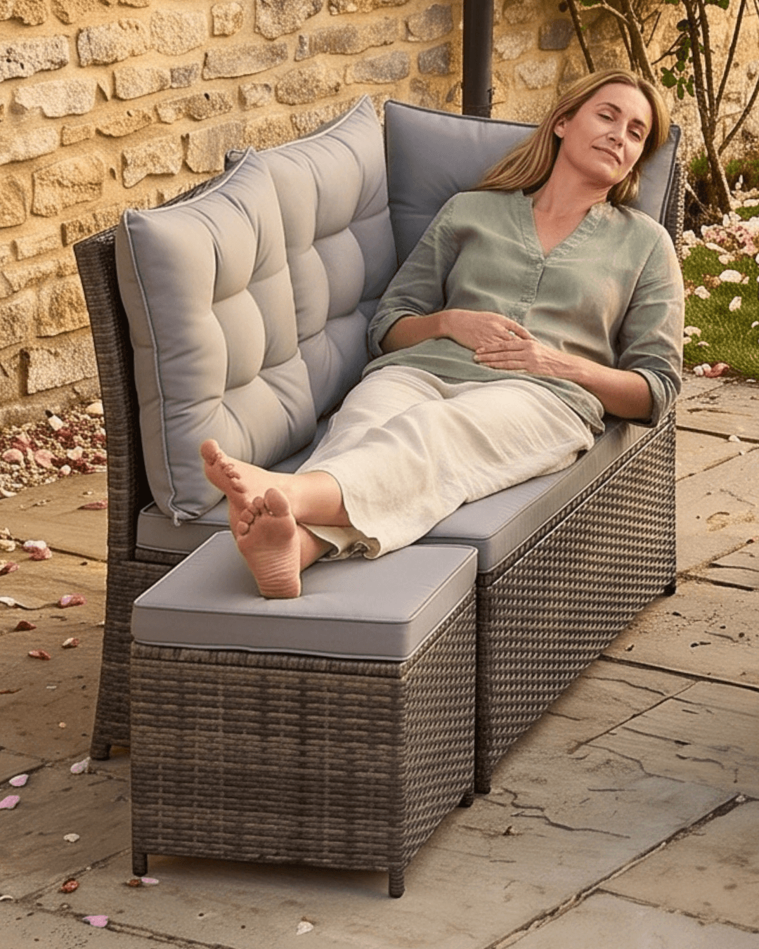 A woman reclines on a mixed brown wicker 2-seater sofa with her leg propped up on a matching footstool in the garden
