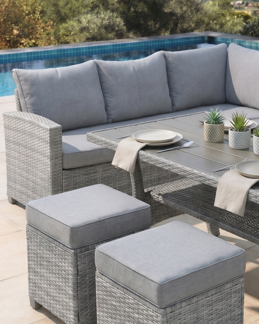 Grey rattan garden dining set with grey cushions by a pool