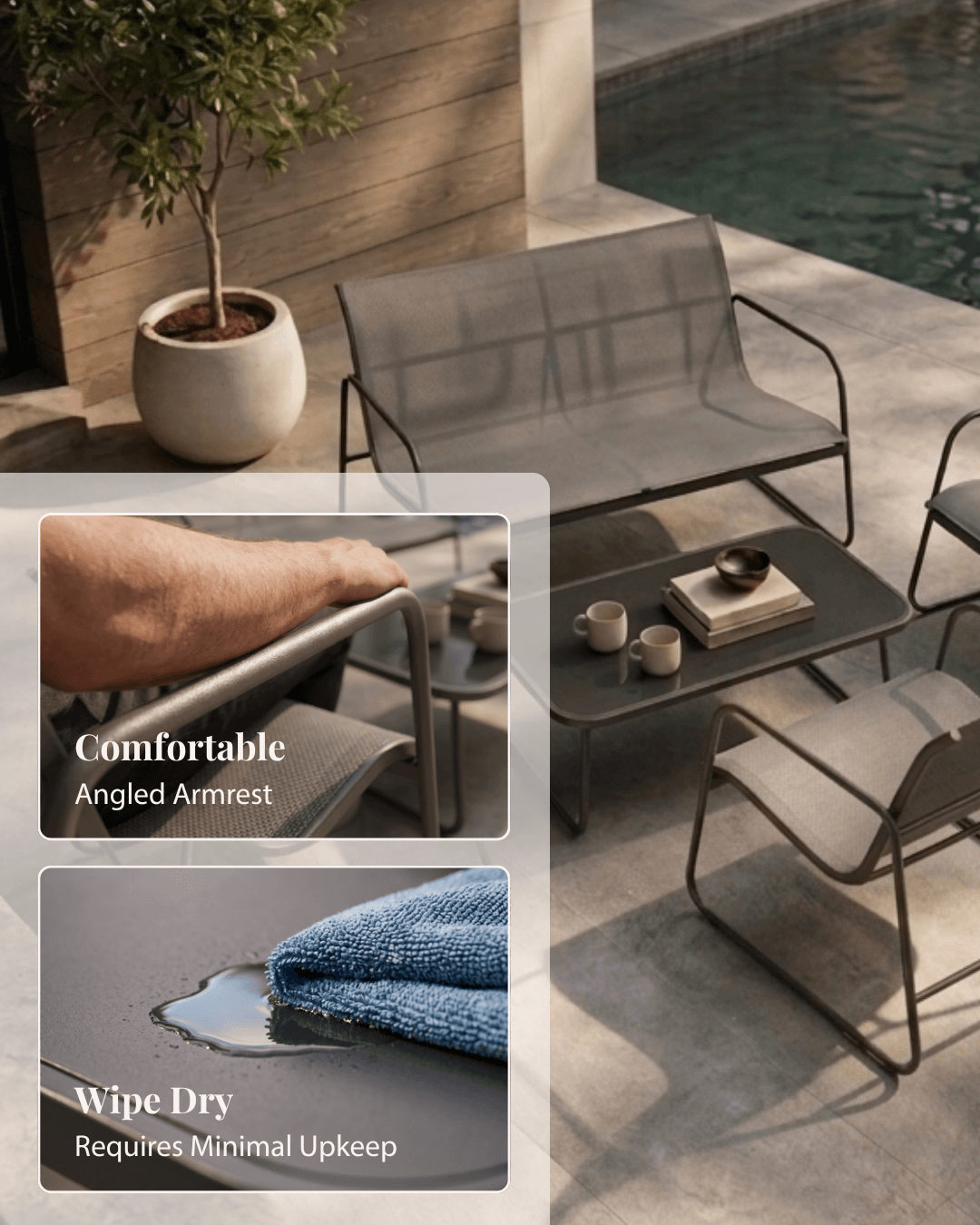 Outdoor patio furniture set with a grey mesh loveseat, 2 armchairs, and a small rectangular coffee table