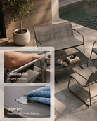 Outdoor patio furniture set with a grey mesh loveseat, 2 armchairs, and a small rectangular coffee table