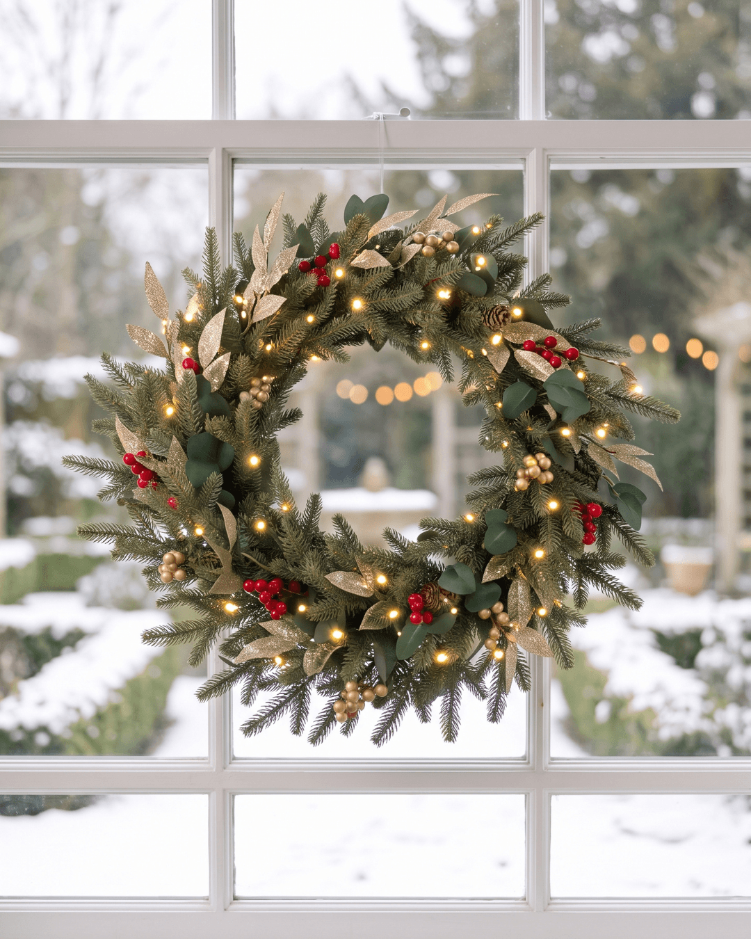 Christmas window wreath with faux leaves, winter berries and warm white lights on a white-framed window