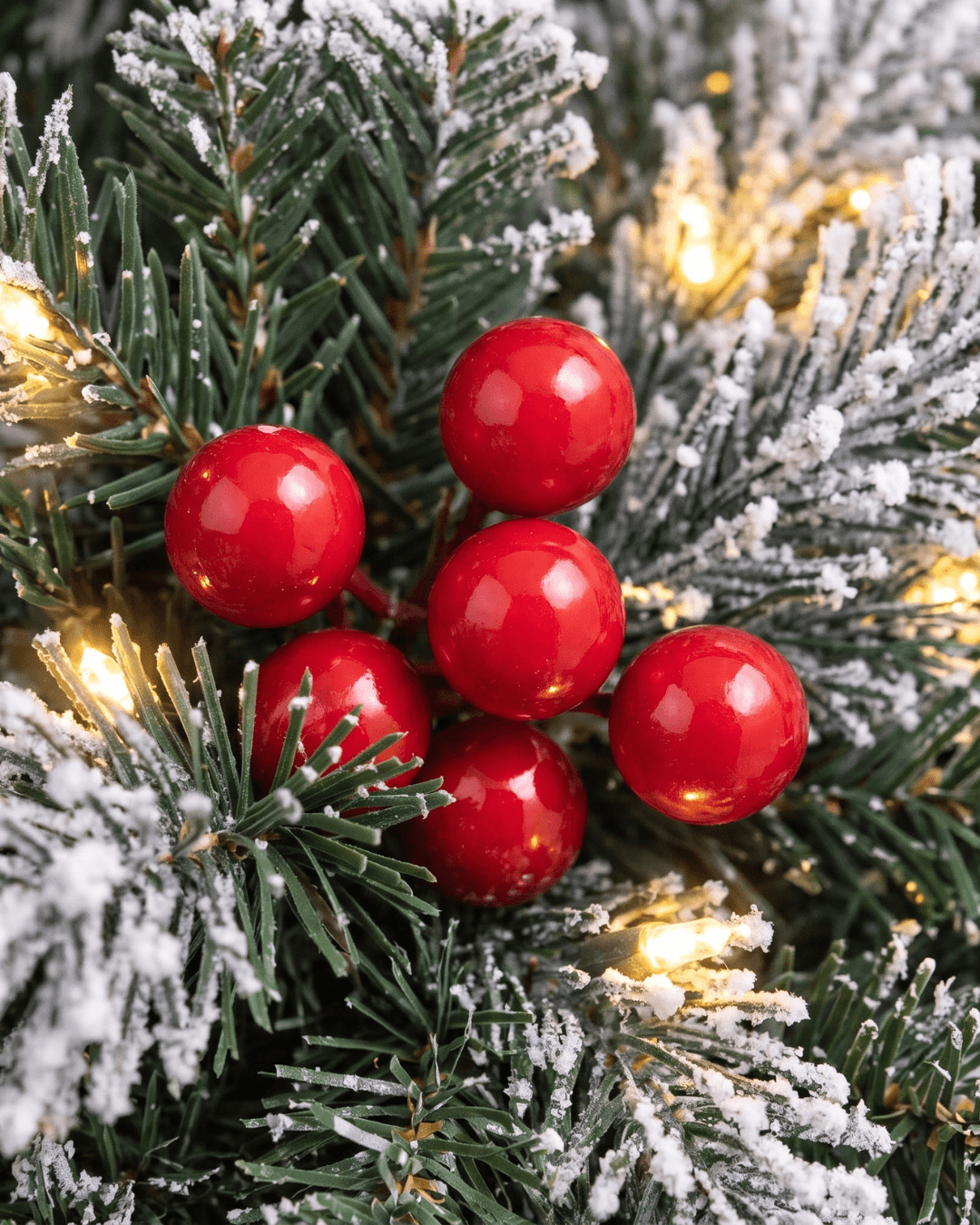 Close-up of glossy red berries on frosted tips Christmas wreath with warm white LED lights