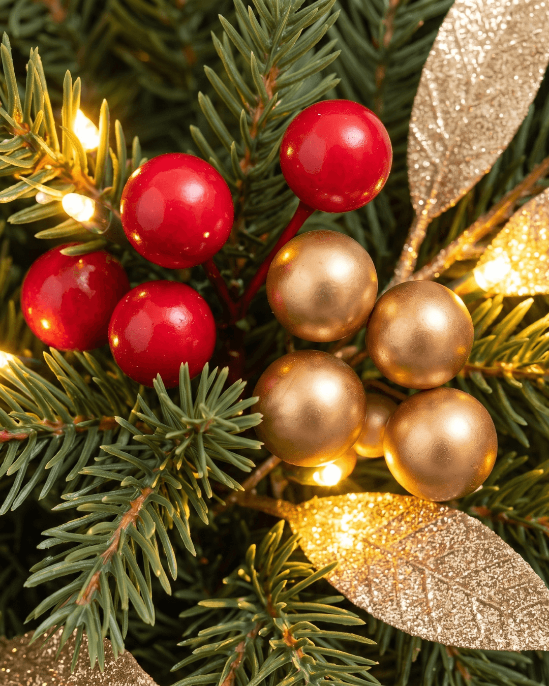 Close-up of a pre-lit Christmas wreath with gold and red berries and glittery gold leaves