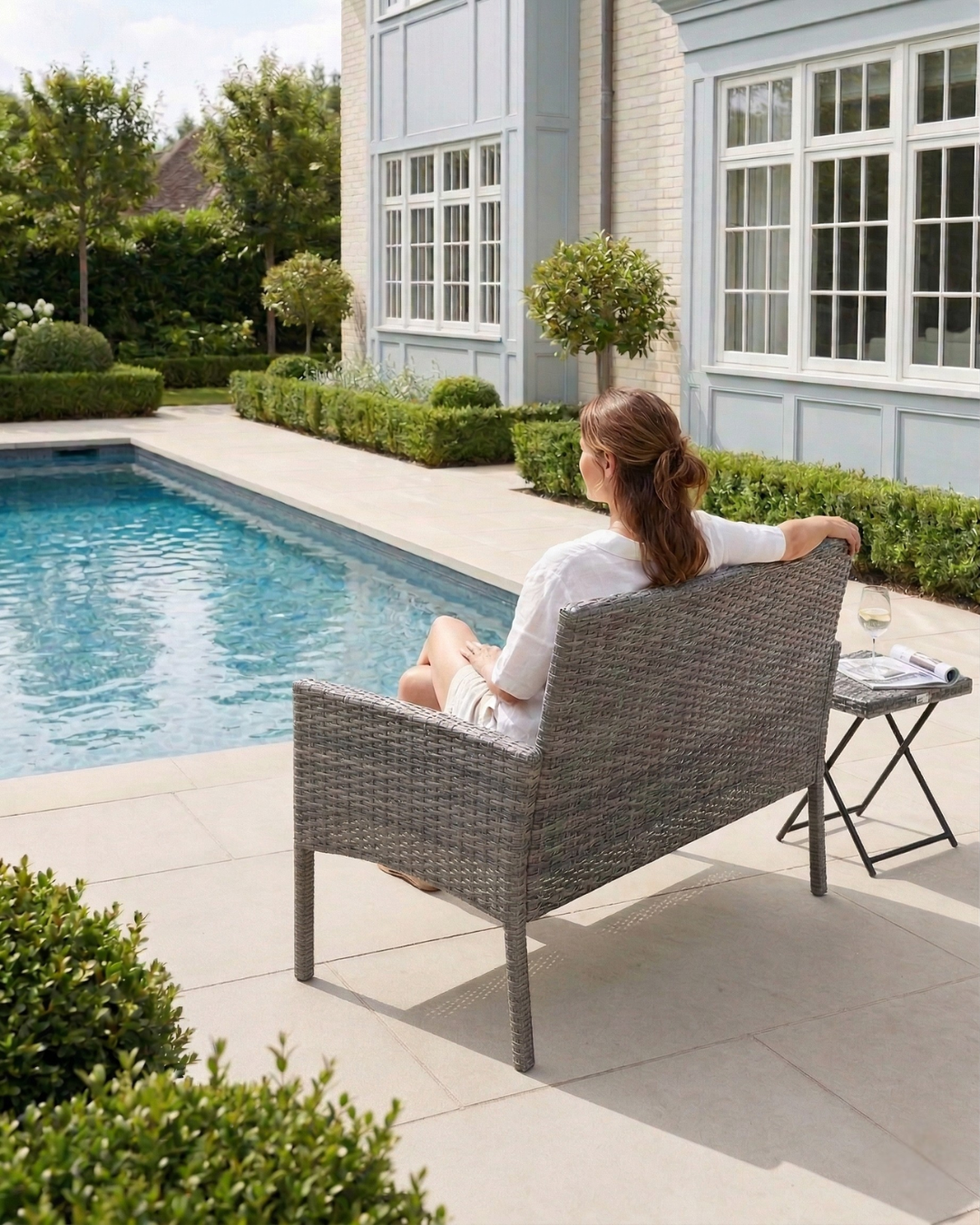 Woman chilling on a 2 seater rattan sofa by a poolside with a house in the background
