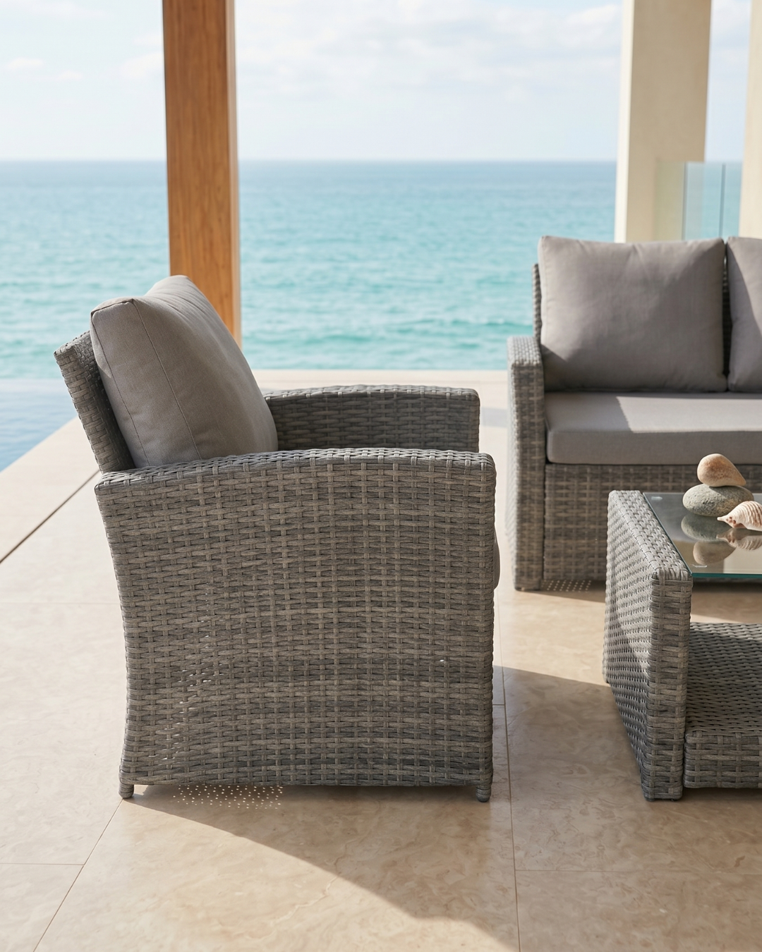 Outdoor patio furniture set with ocean view