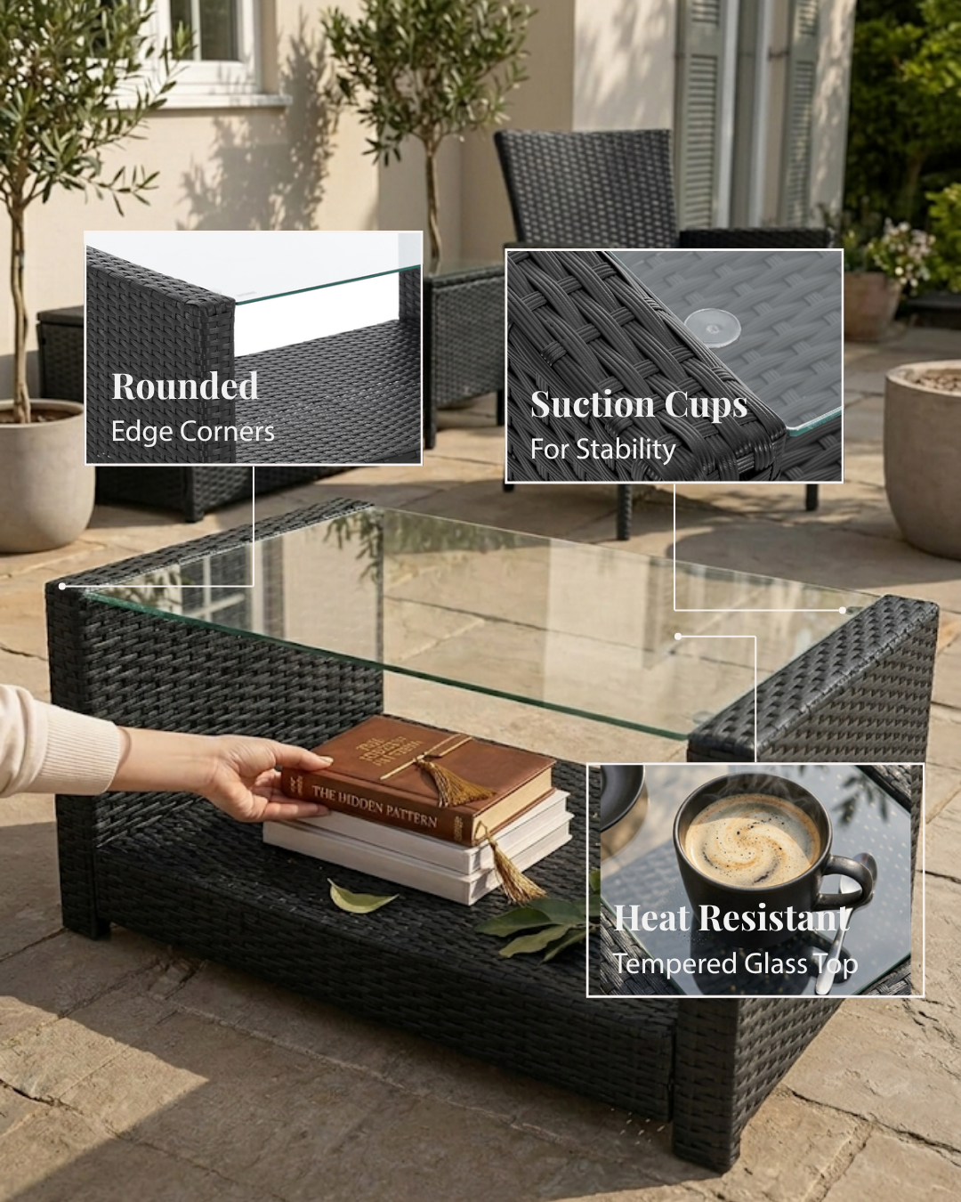 black rattan coffee table with glass top