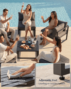 Five people relax on a modular outdoor patio conversation set arranged around a small coffee table by a swimming pool