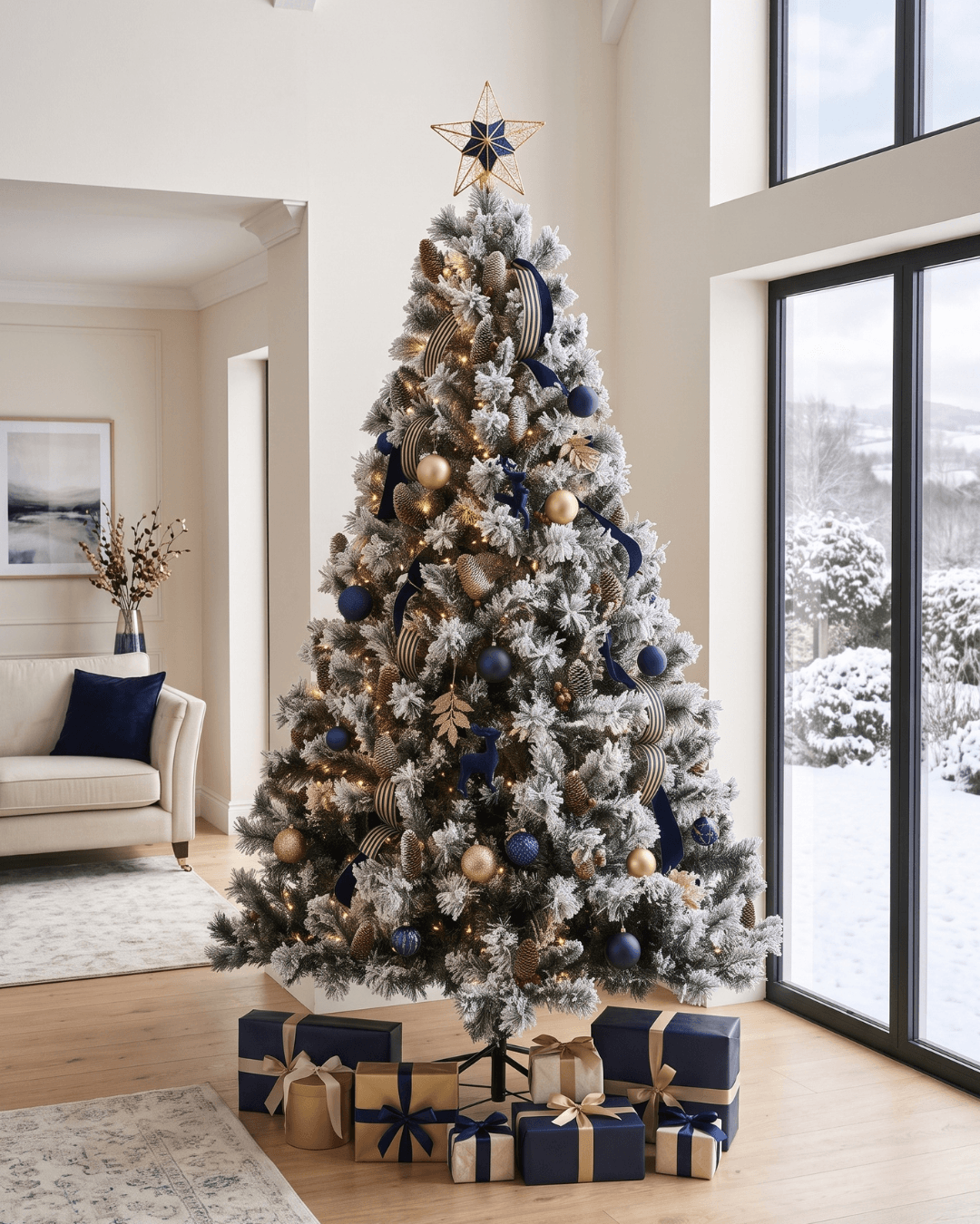 A decorated snow flocked artificial tree  with wrapped gifts underneath