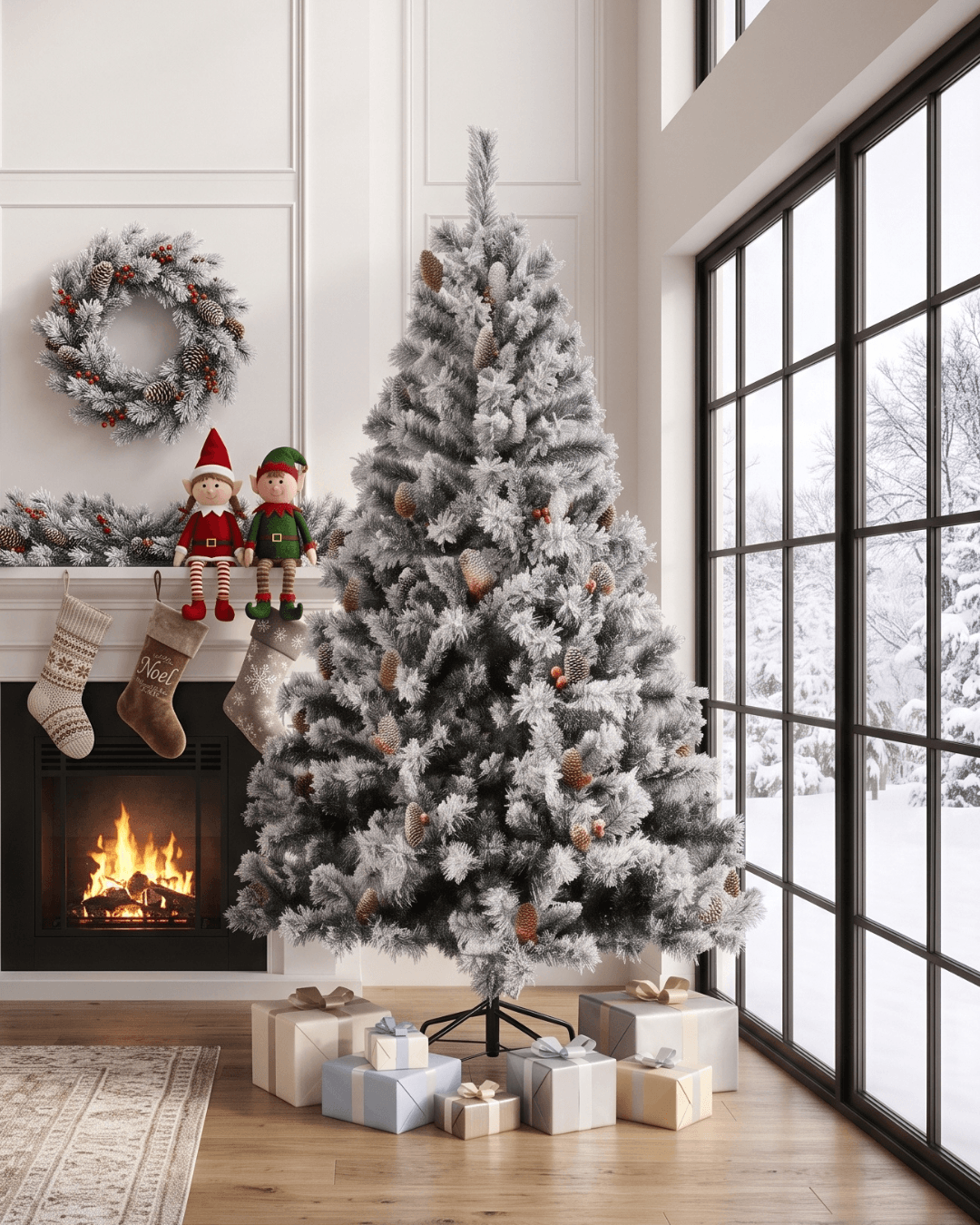 A large snow-flocked Christmas tree by a fireplace and floor-to-ceiling windows