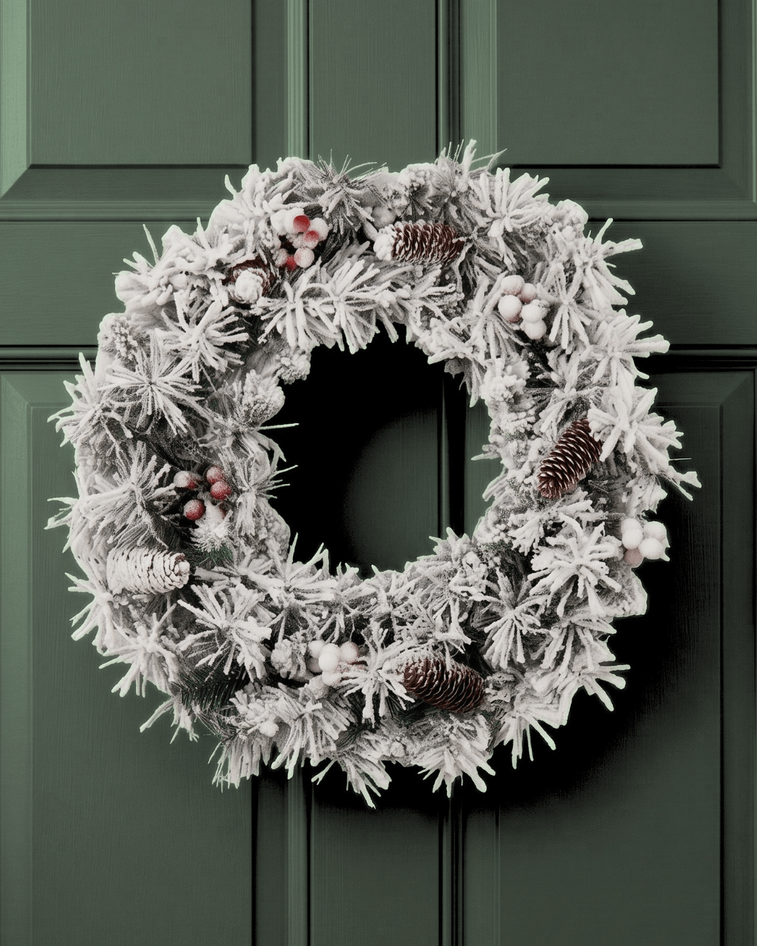 Round flocked Christmas wreath with pine cones and berries on a panelled door