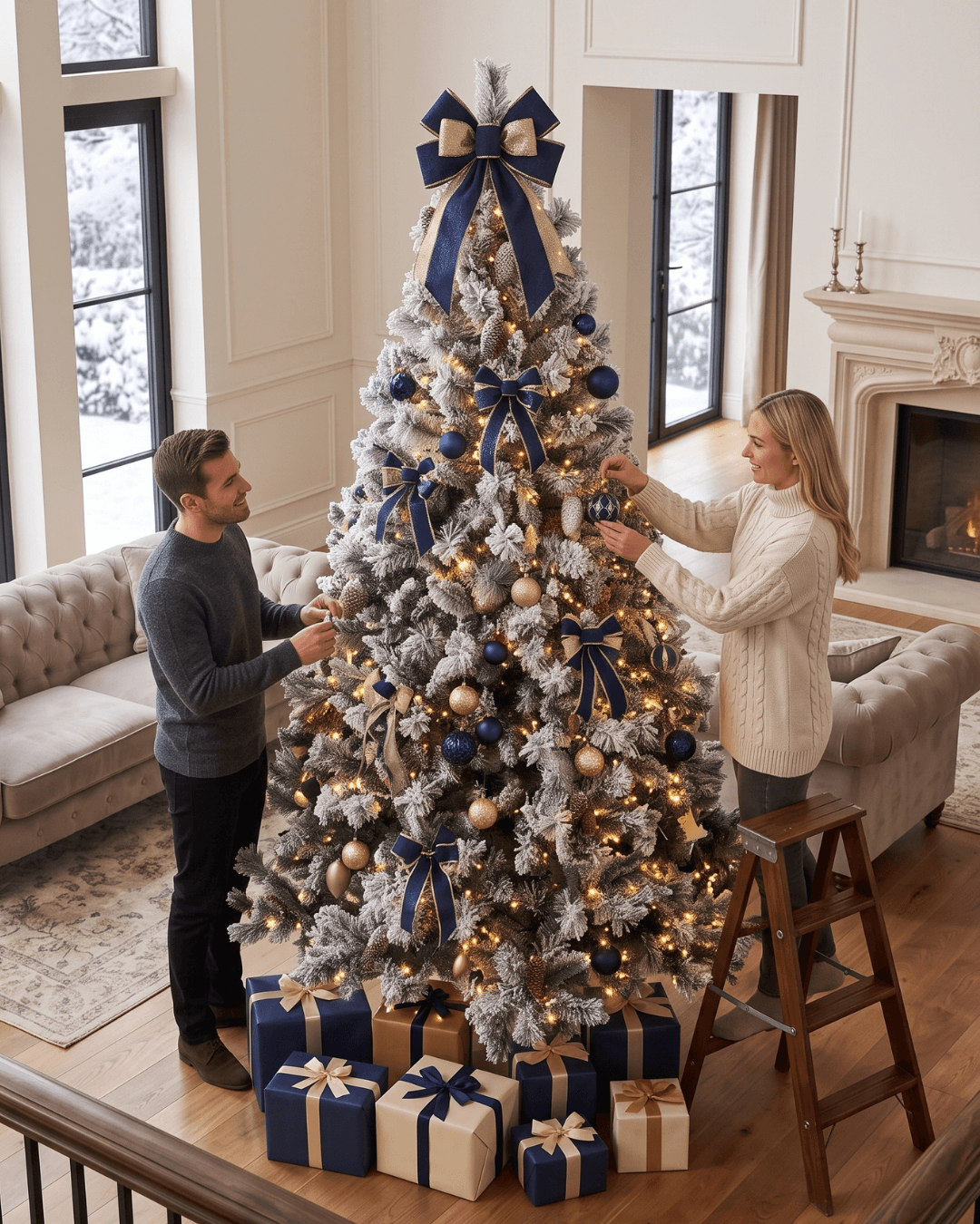 A couple decorating an 8ft large snowy Christmas tree