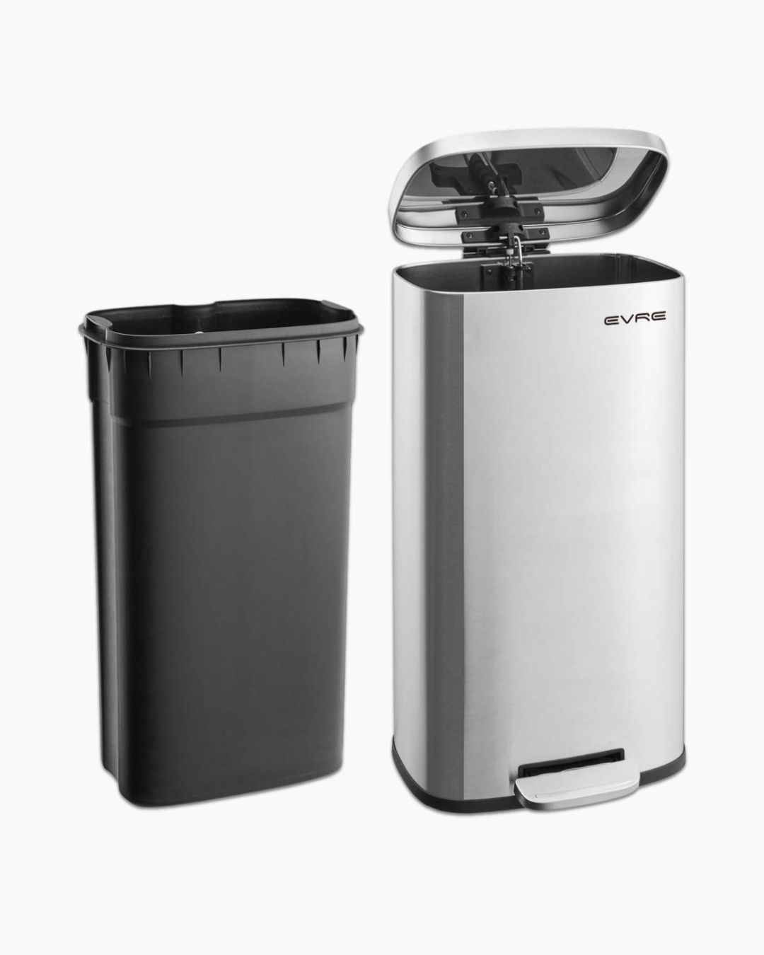 Stainless steel bin next to its detachable inner bucket