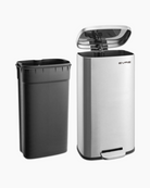 Stainless steel bin next to its detachable inner bucket