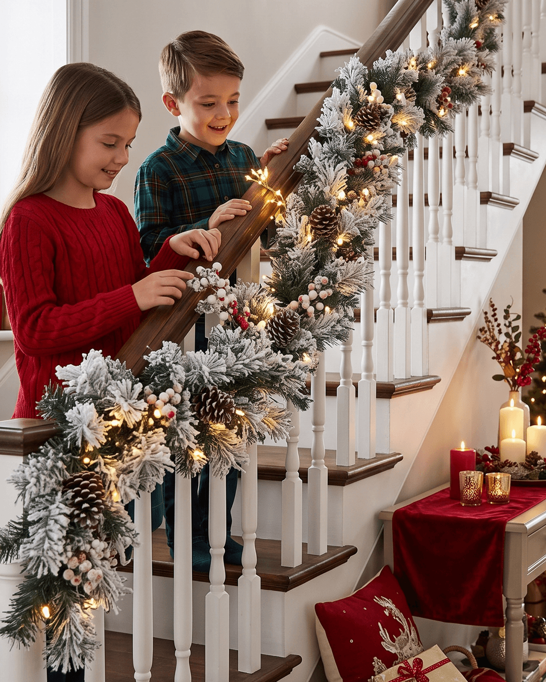 Pre-lit frosted Christmas garland with pinecones and white berries draped along a white staircase banister