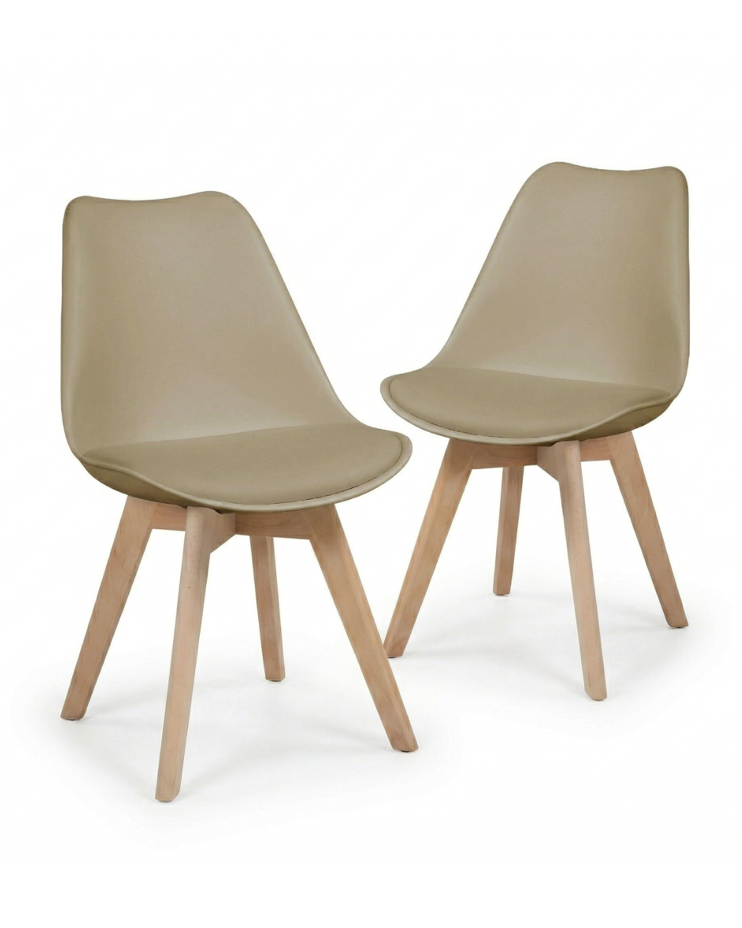 Set of two taupe chairs with wooden legs on a white background