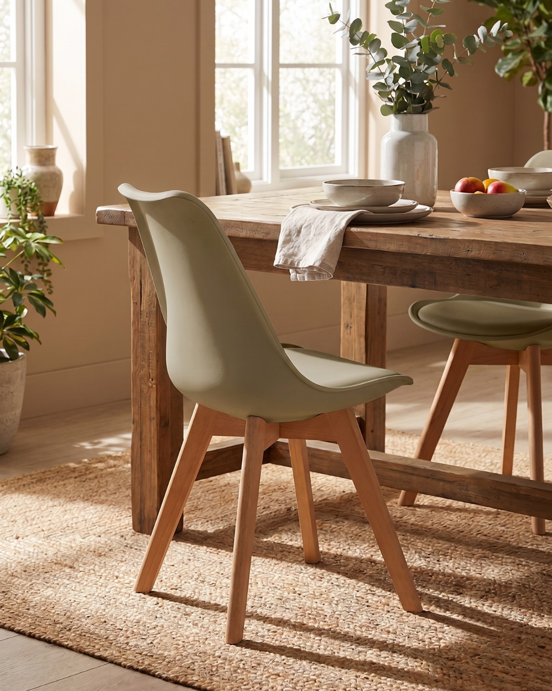 Dining room with taupe dining chairs, wooden table and natural light