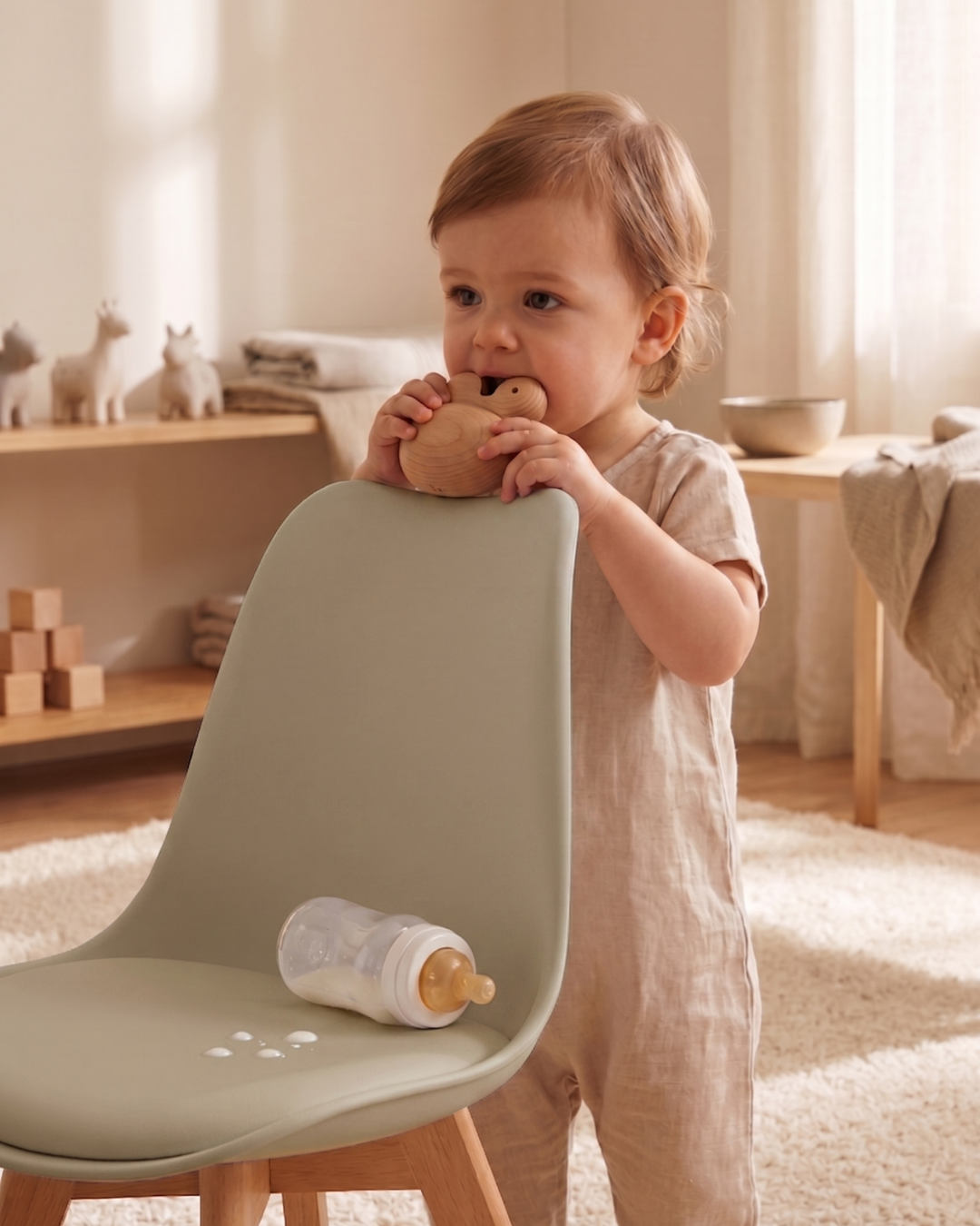 Spilt milk bottle on PU leather seat on taupe tulip chair