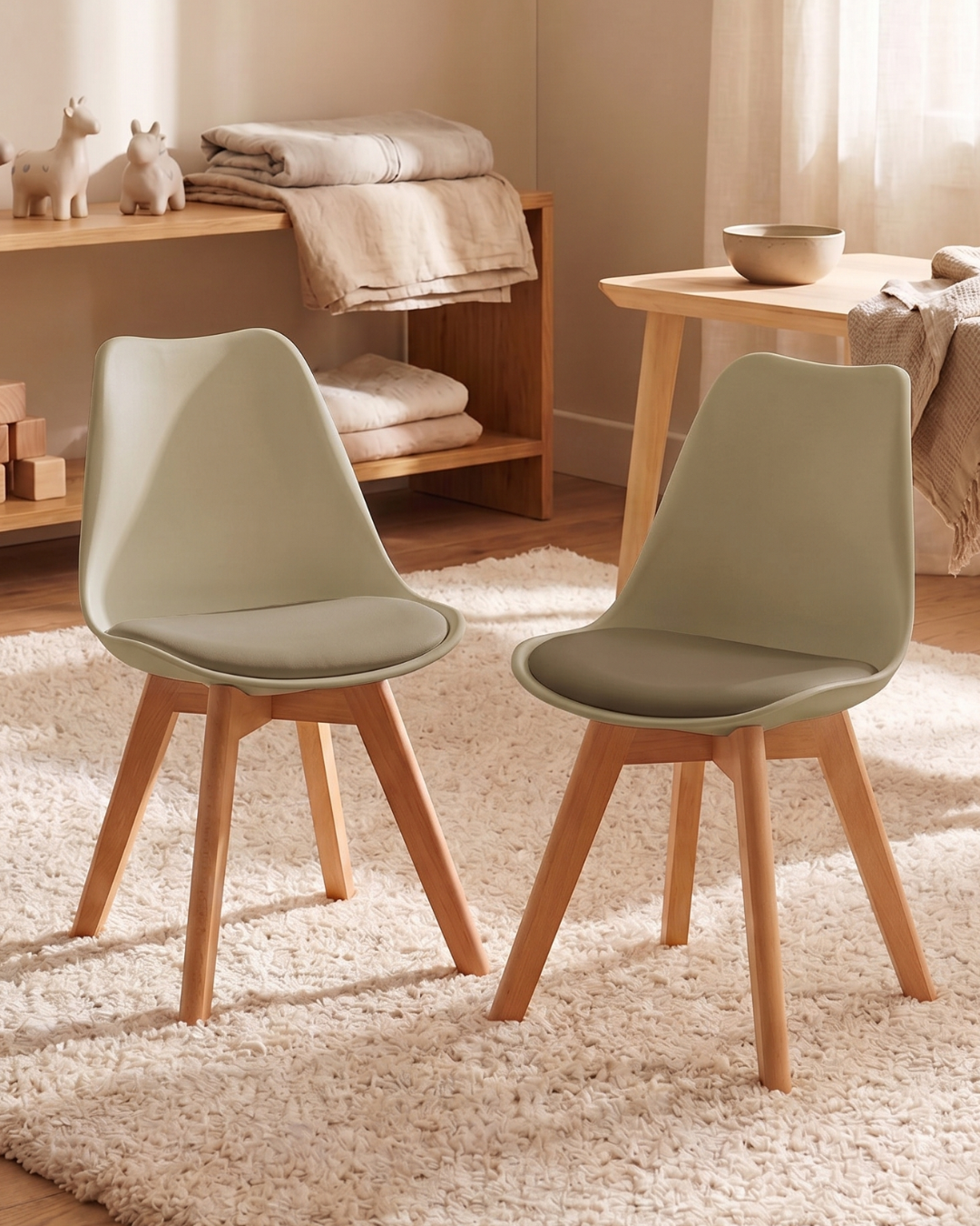 Two taupe chairs with wooden legs on a cream rug