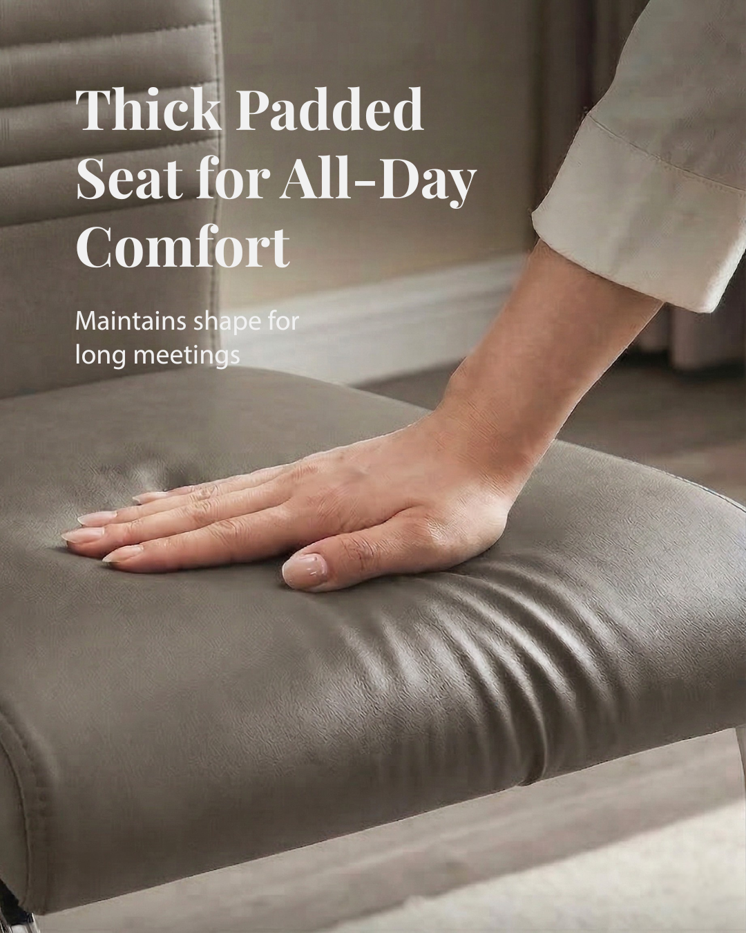 Hand touching a thick padded seat emphasising comfort and seat shape maintenance