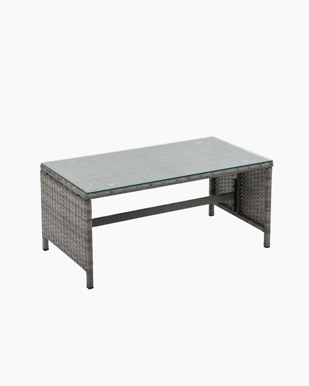 Rectangular grey coffee table with glass top and wicker frame