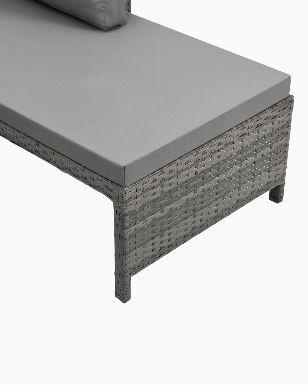 Grey wicker outdoor furniture set with cushioned seat