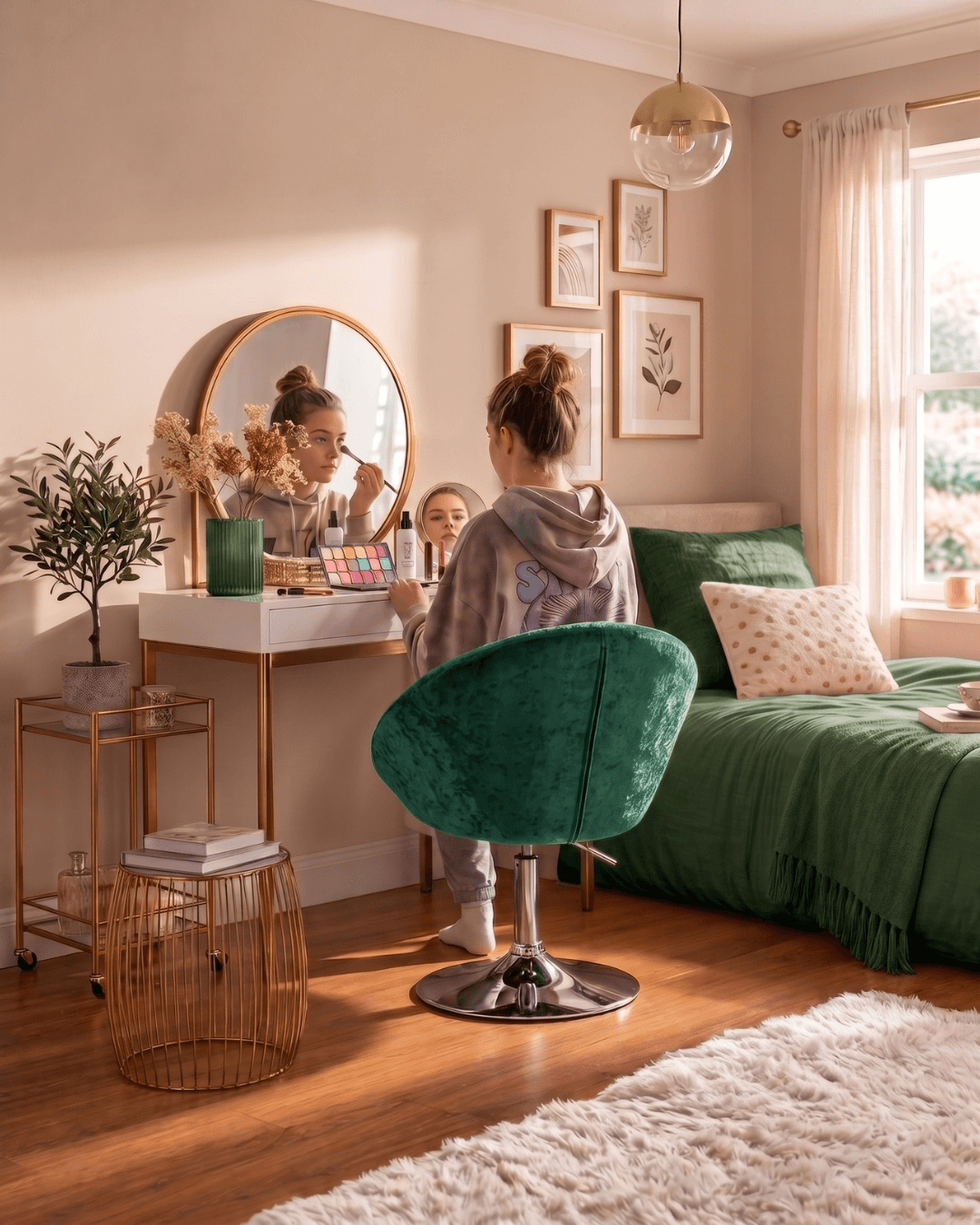 A cozy bedroom scene with a young girl sitting in a green velvet swivel chair, looking into a round mirror at a vanity table