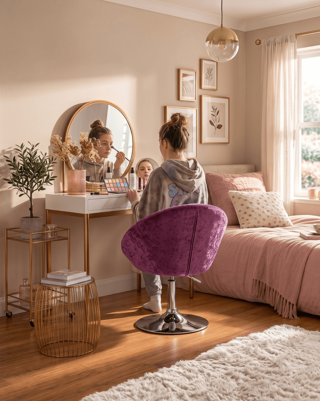 A cozy bedroom scene with a girl sitting in a pink velvet swivel chair in front of a mirror, applying makeup