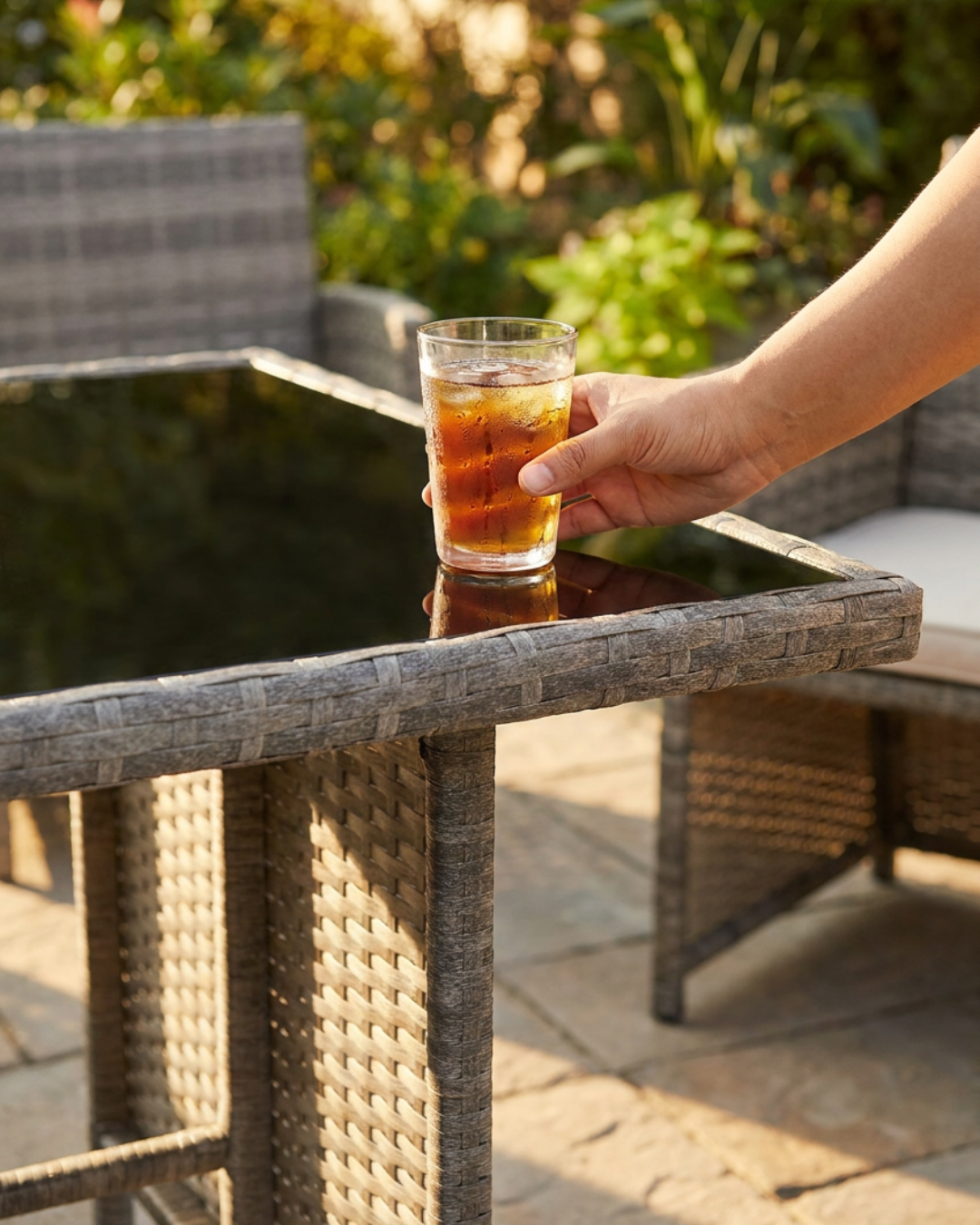 Glass of iced tea on a patio table with glass top