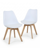 Set of two white chairs with wooden legs on a white background