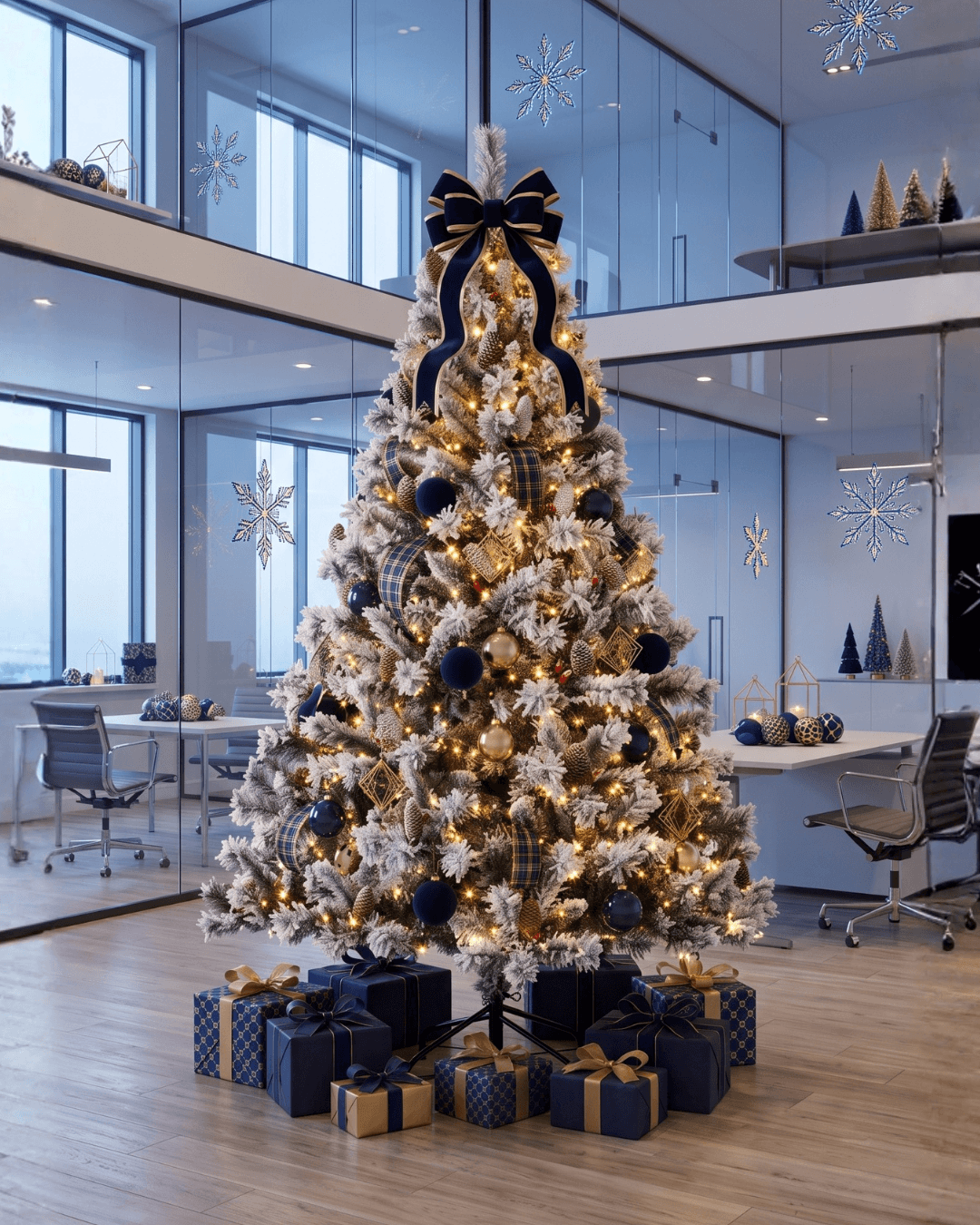 A 7ft flocked white Christmas tree stands decorated in a modern office space