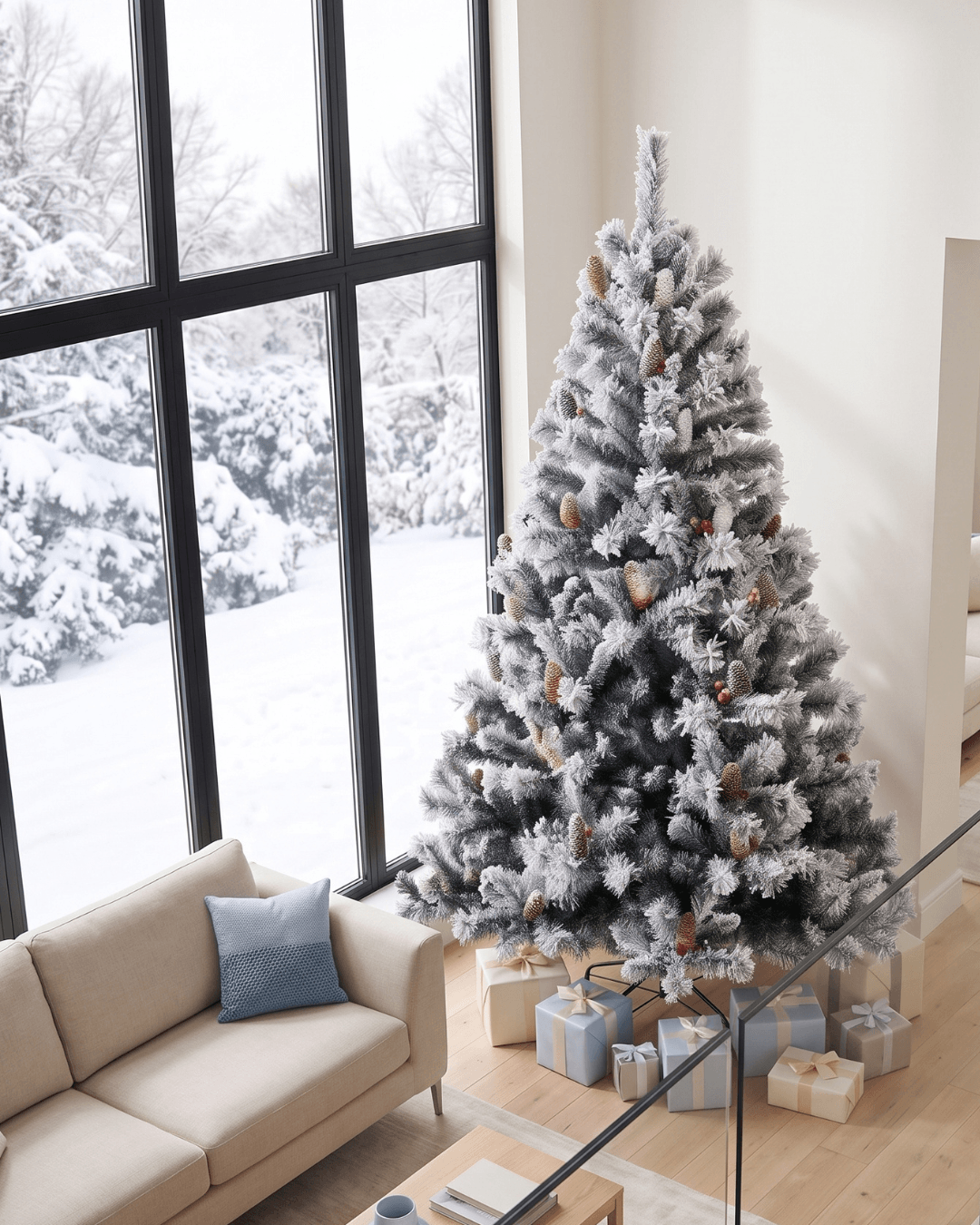 An 8ft white Christmas tree decorated with berries and pine cones in the living room