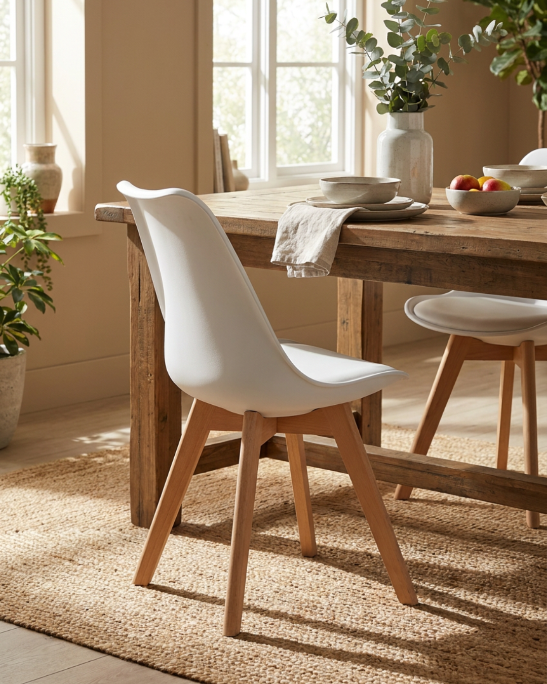 White dining chair at a wooden dining table