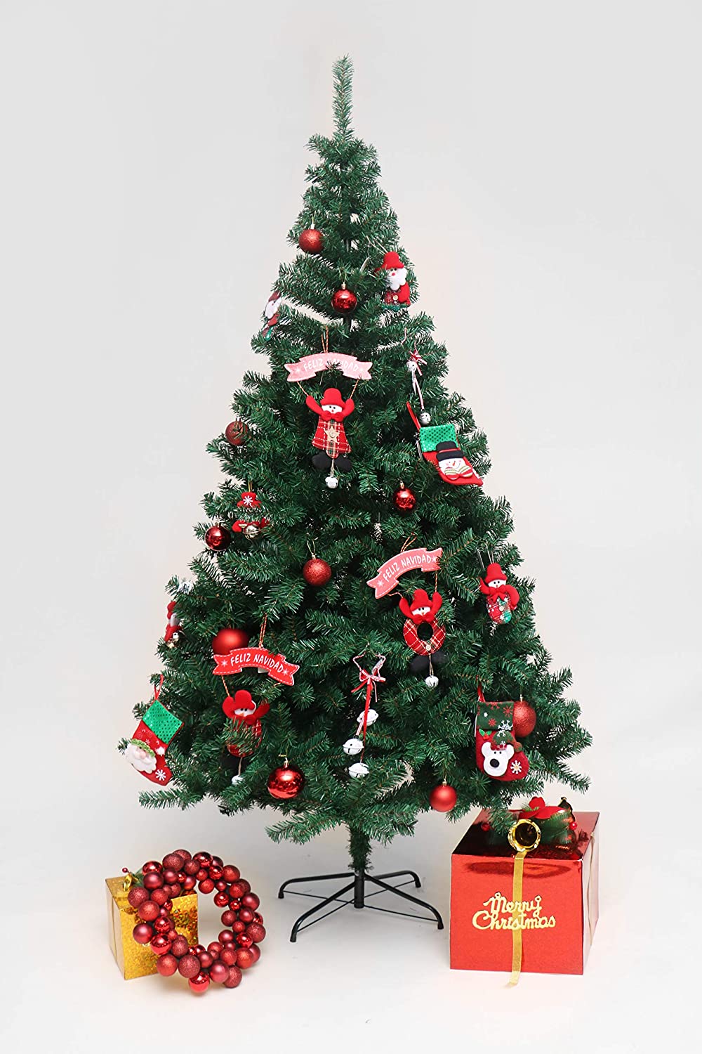 EVRE 7Ft Evergreen Artificial Christmas Tree decorated with baubles and presents