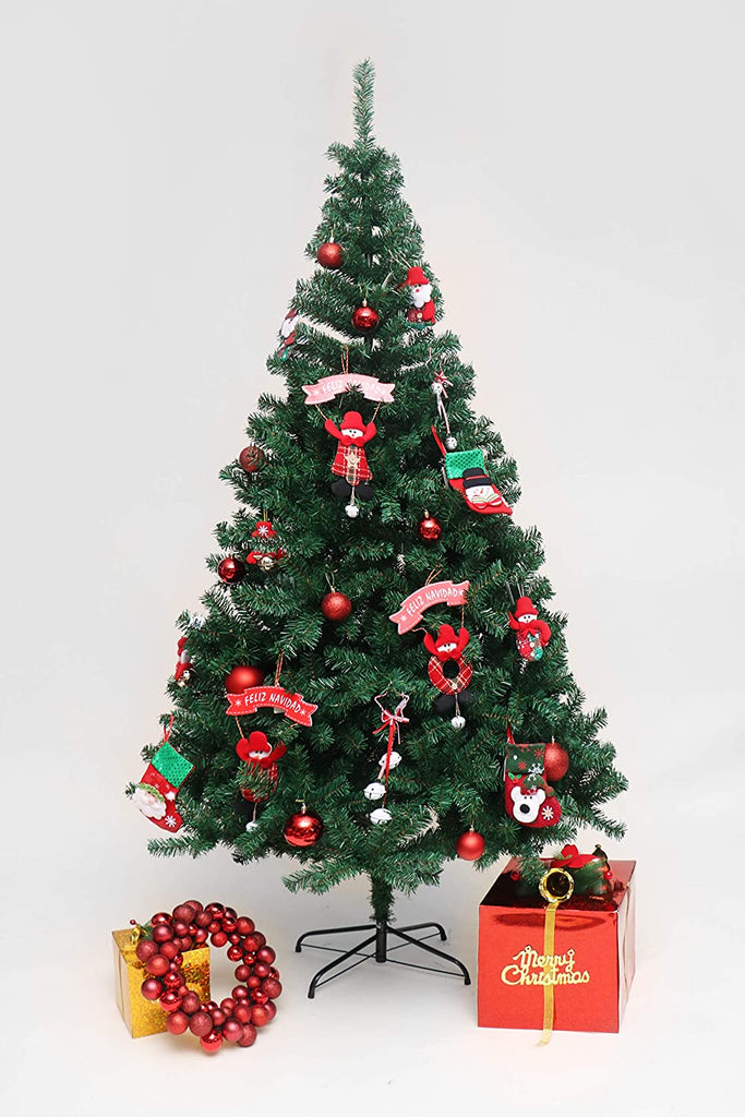 EVRE 8Ft Evergreen Artificial Christmas Tree decorated with hanging ornaments