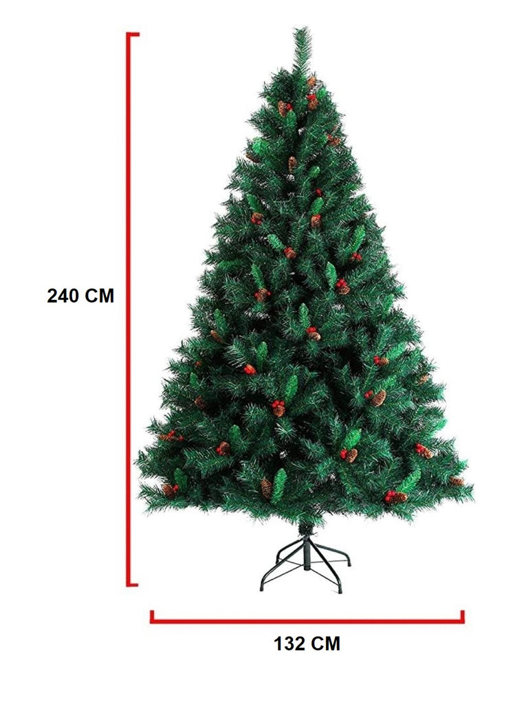 EVRE 8Ft Pine cone and Berries tree on white background showing dimensions in CM of height 240 and width 132