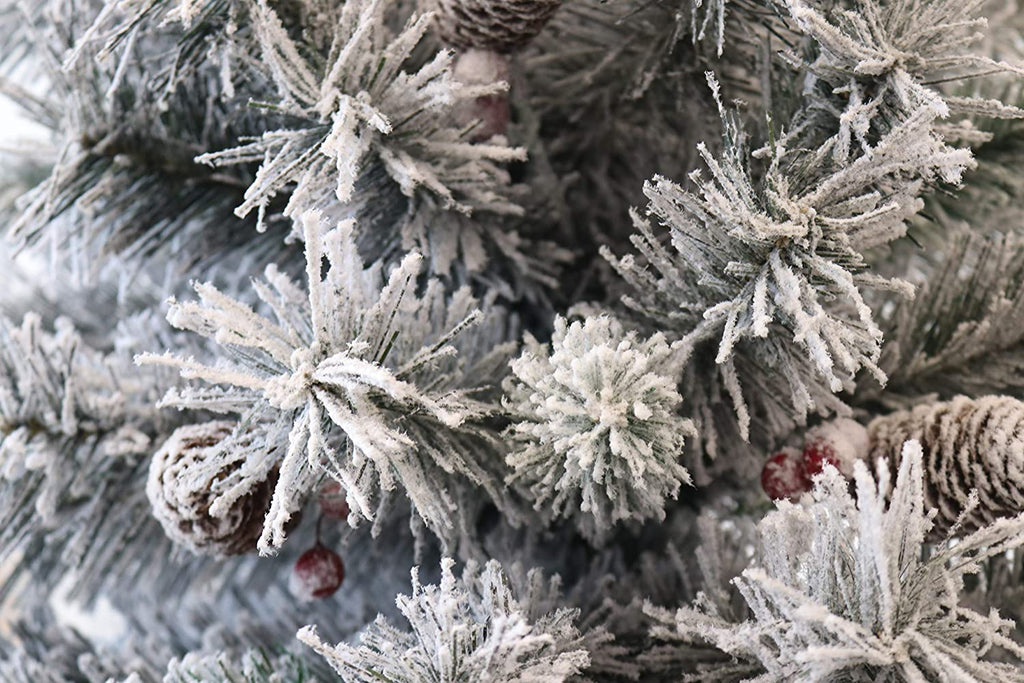 EVRE 5ft Snow Effect Pine and Berries Christmas Tree close up of detailed fir tips and snow effect